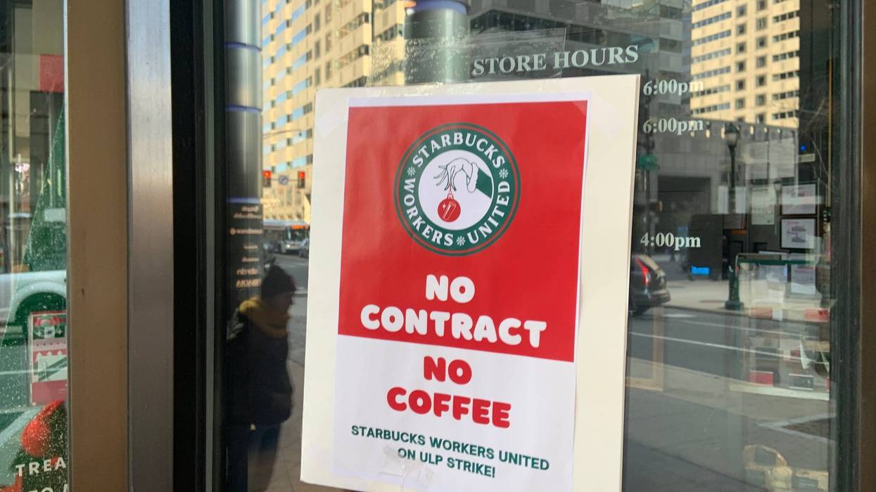 A Starbucks Workers United strike sign at a location in Center City.