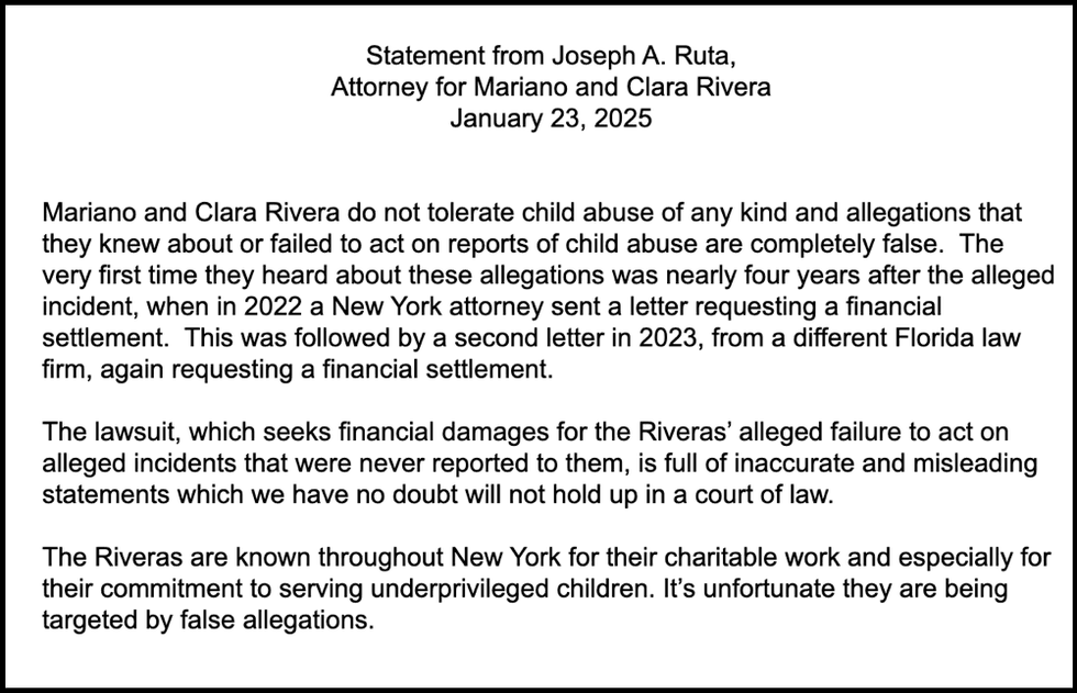 A statement from an attorney for Mariano and Clara Rivera says the allegations are "completely false"