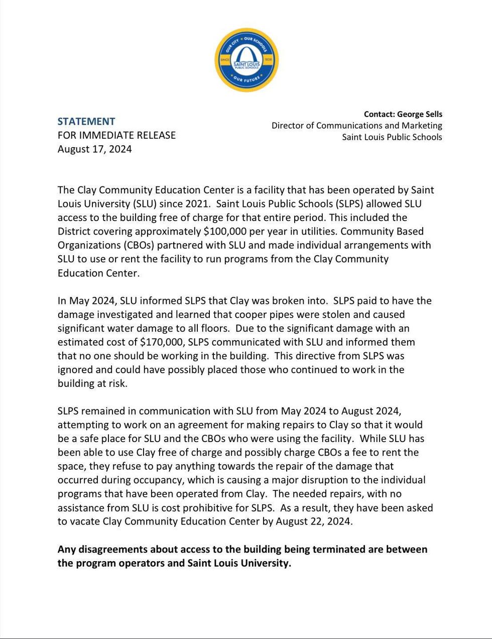 A statement from SLPS regarding the Clay Community Education Center