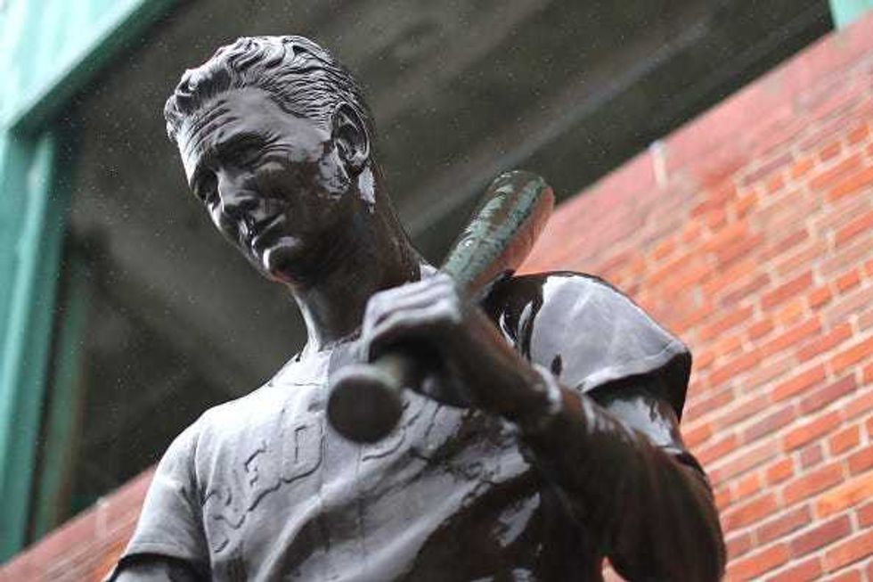 A statue of Ted Williams outside Fenway Park.