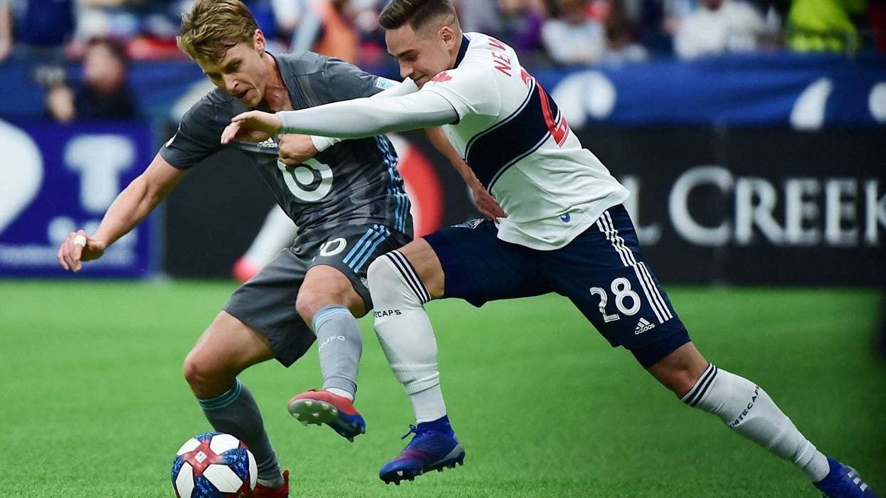 A steal attempt by Rasmum Schuller of Minnesota United