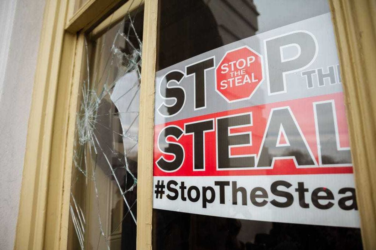 A "Stop the Steal" poster inside the U.S. Capitol supporting claims about voter fraud in the 2020 election.