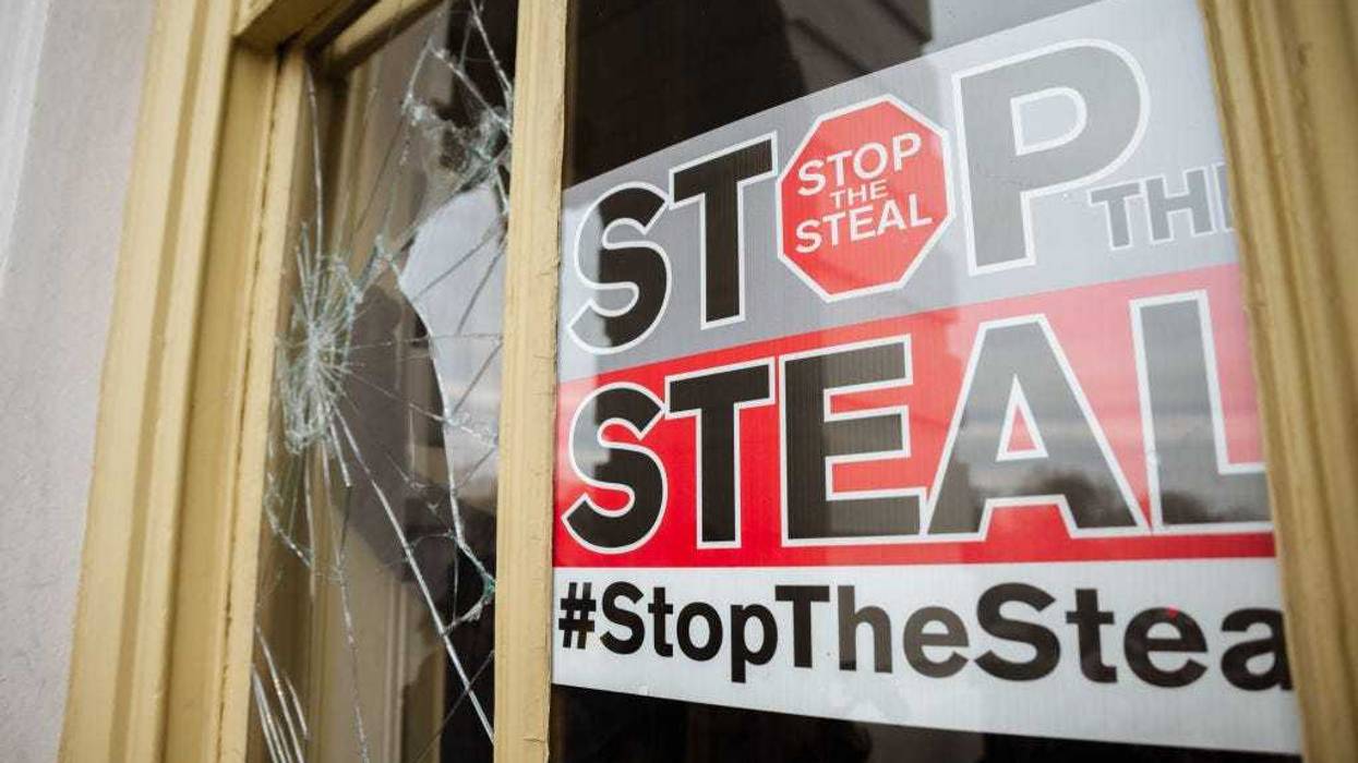A "Stop the Steal" poster inside the U.S. Capitol supporting claims about voter fraud in the 2020 election.