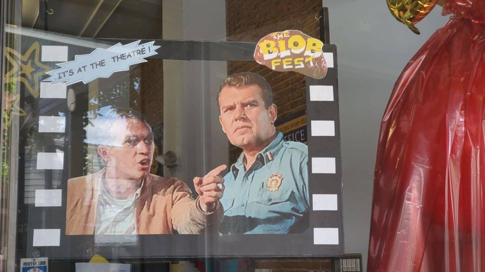 A storefront facade with a Blobfest design