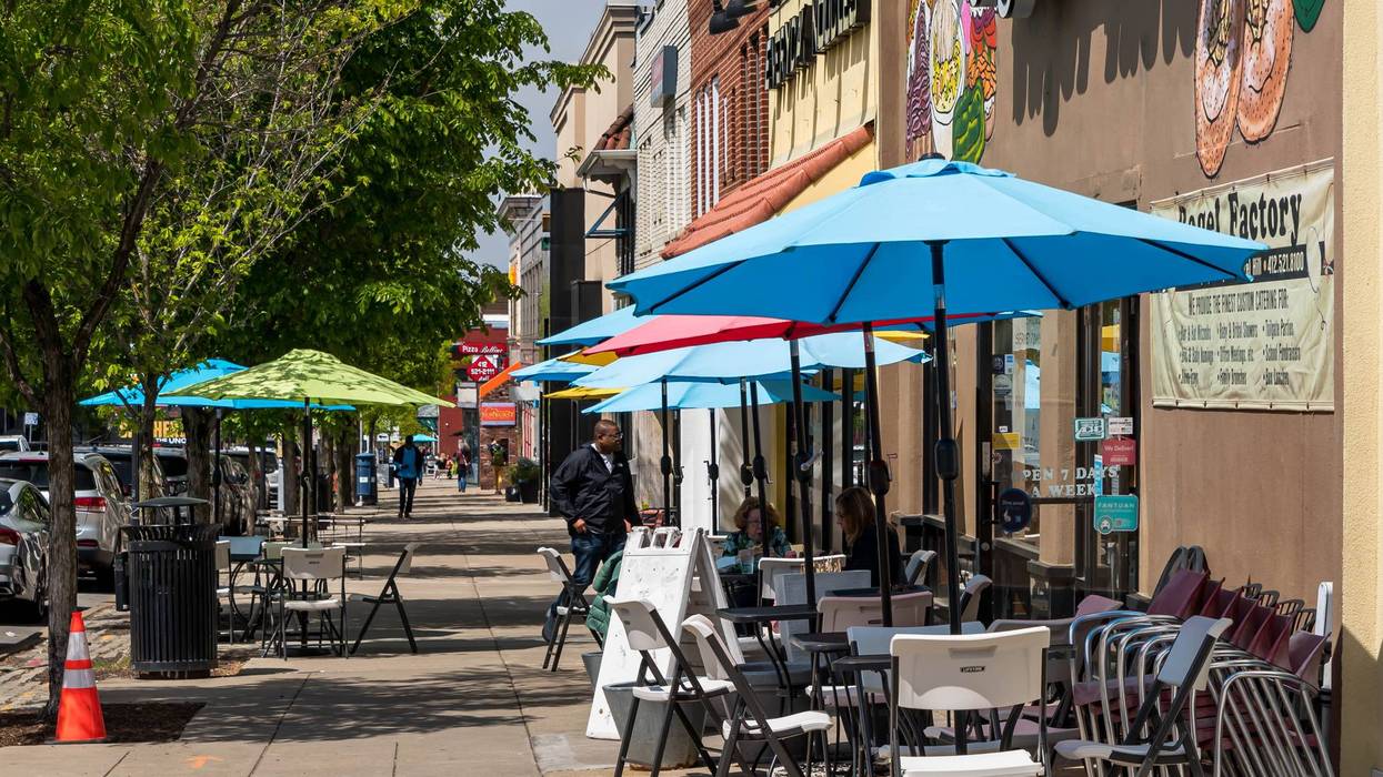 A street scene in the Squirrel Hill neighborhood in Pittsburgh, Pennsylvania, USA