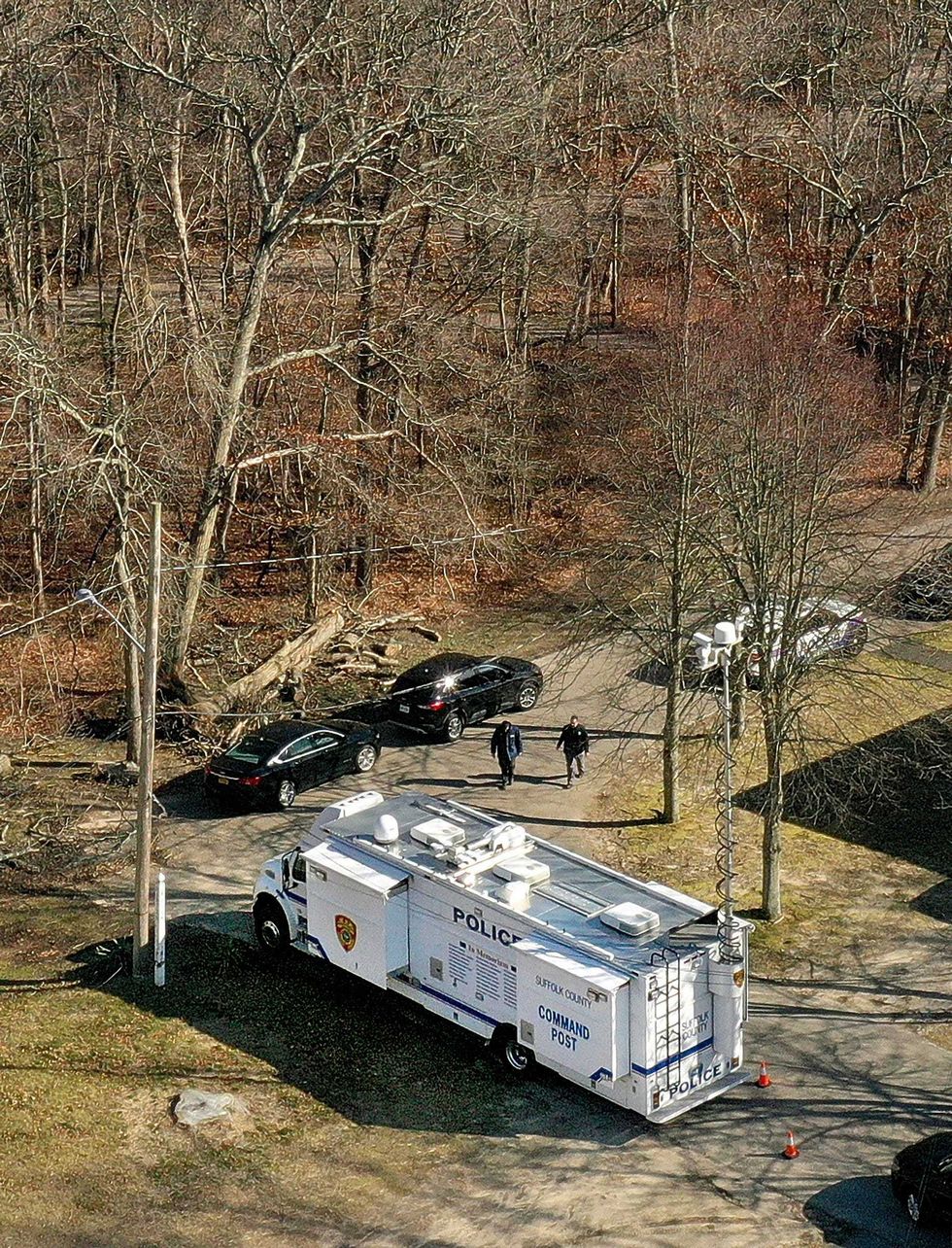 A Suffolk police command post is seen along the western edge of Southards Pond Park in Babylon, New York on March 1, 2024