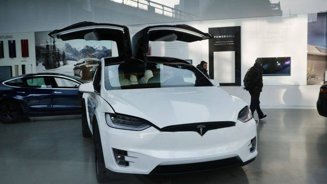 A tesla vehicle is displayed in a Manhattan dealership on January 30, 2020 in New York City.
