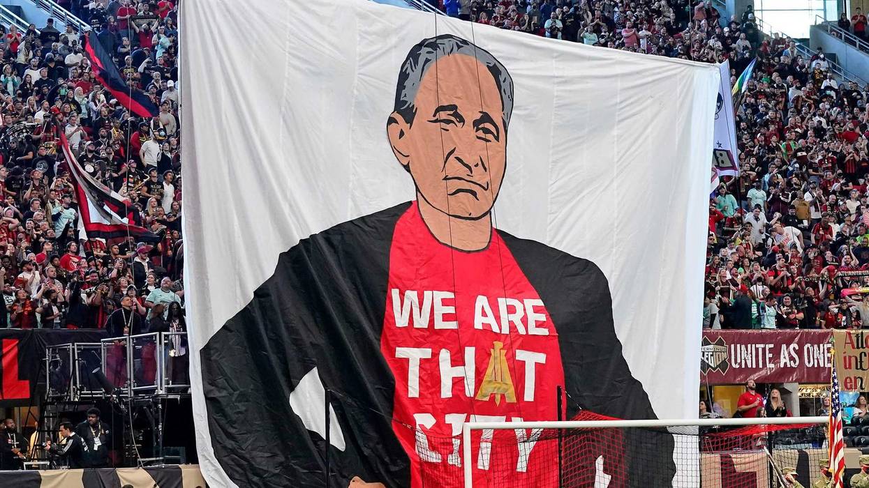 A tifo saying we are that city is raised before the game against Charlotte FC at Mercedes-Benz Stadium.