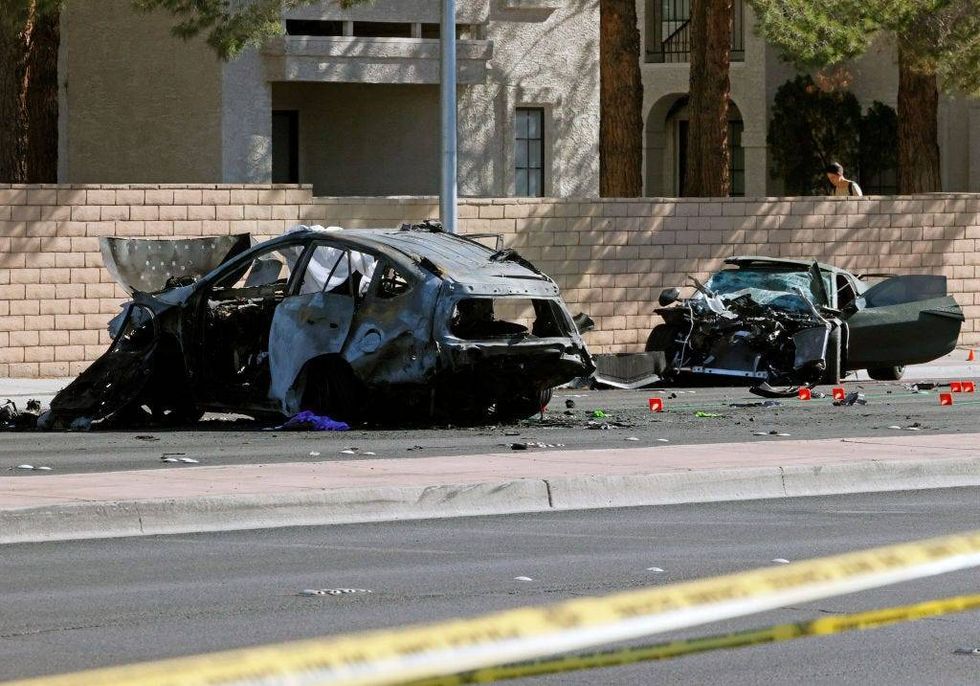 A Toyota RAV4 at left and a Chevrolet Corvette that were involved in a fatal accident are shown on November 2, 2021 in Las Vegas, Nevada.