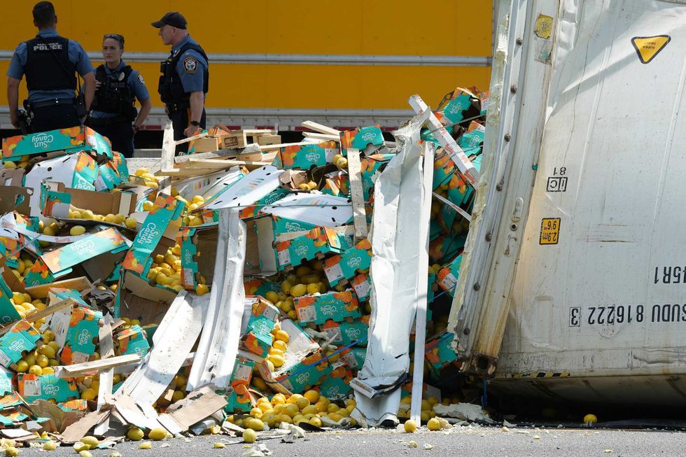 A tractor trailer hauling lemons lost its trailer over the jersey barrier striking an on coming vehicle in the southbound lanes of Route 17 in Mahwah, NJ on Wednesday Aug. 2, 2023