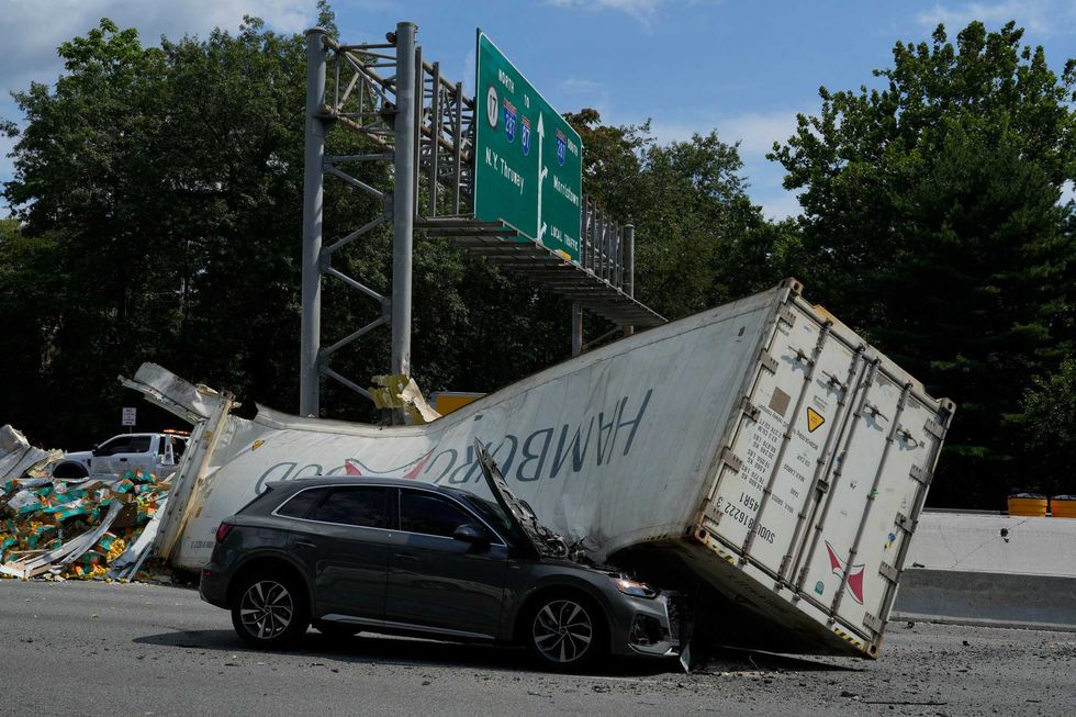 A tractor trailer hauling lemons lost its trailer over the jersey barrier striking an on coming vehicle in the southbound lanes of Route 17 in Mahwah, NJ on Wednesday Aug. 2, 2023