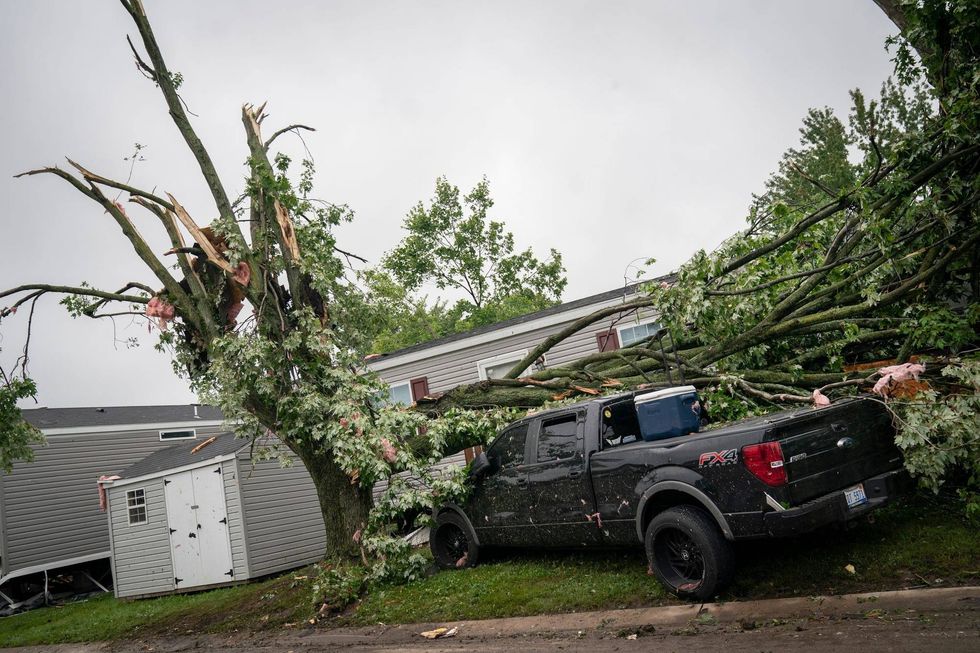 A truck sits with a tree toppled on it in the Frenchtown Villas Monroe in Newport