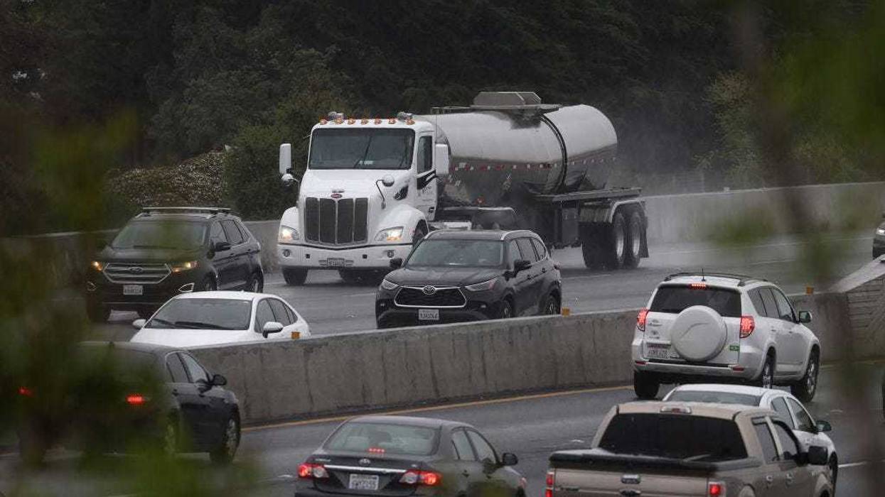 A truck travels along Interstate 80 on March 29, 2024 in Berkeley, California. The Environmental Protection Agency (EPA) has finalized a set of strict emissions standards for heavy-duty trucks, buses and other large vehicles in an effort to clean up some of the sources of greenhouse gases. The new rules will apply to model years 2027 through 2032 and will prevent nearly one billion tons of greenhouse gas emissions over the next thirty years. (Photo by Justin Sullivan/Getty Images)