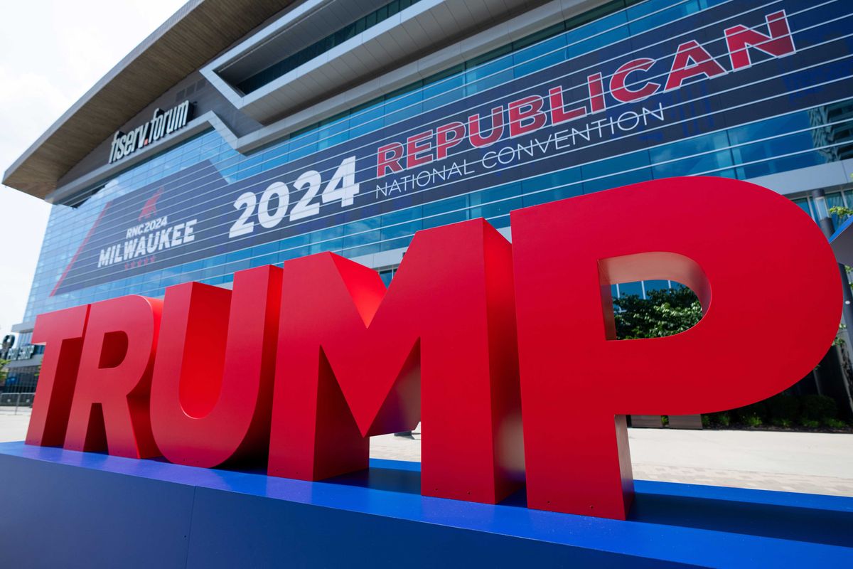 A Trump installation stands outside the Fiserv Forum before the Republican National Convention in Milwaukee.