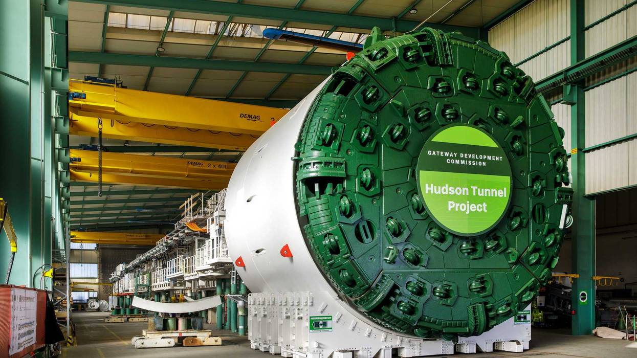 A tunnel boring machine assembled at the factory for testing