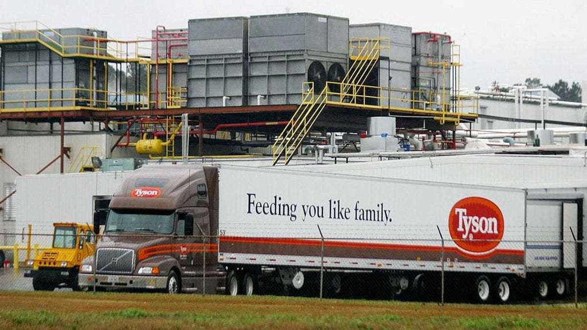 A Tyson Poultry truck backs up to its load dock at a processing plant February 25, 2004 in Carthage, Texas.