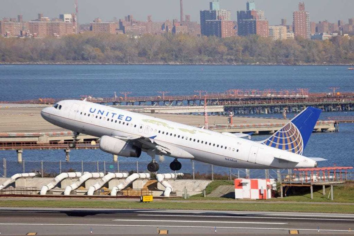 A United Airlines jet takes off at Laguardia Airport on November 10, 2022 in the Queens borough of New York City.