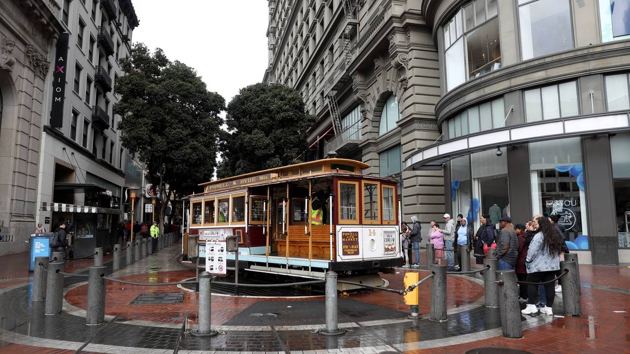 A usually busy Powell Street Cable Car turnaround has a short line to ride the Cable Cars on March 07, 2020 in San Francisco, California
