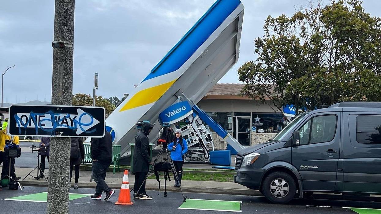 A Valero gas station in South San Francisco is closed after rain and intense winds blew the canopy over onto two gas pumps.