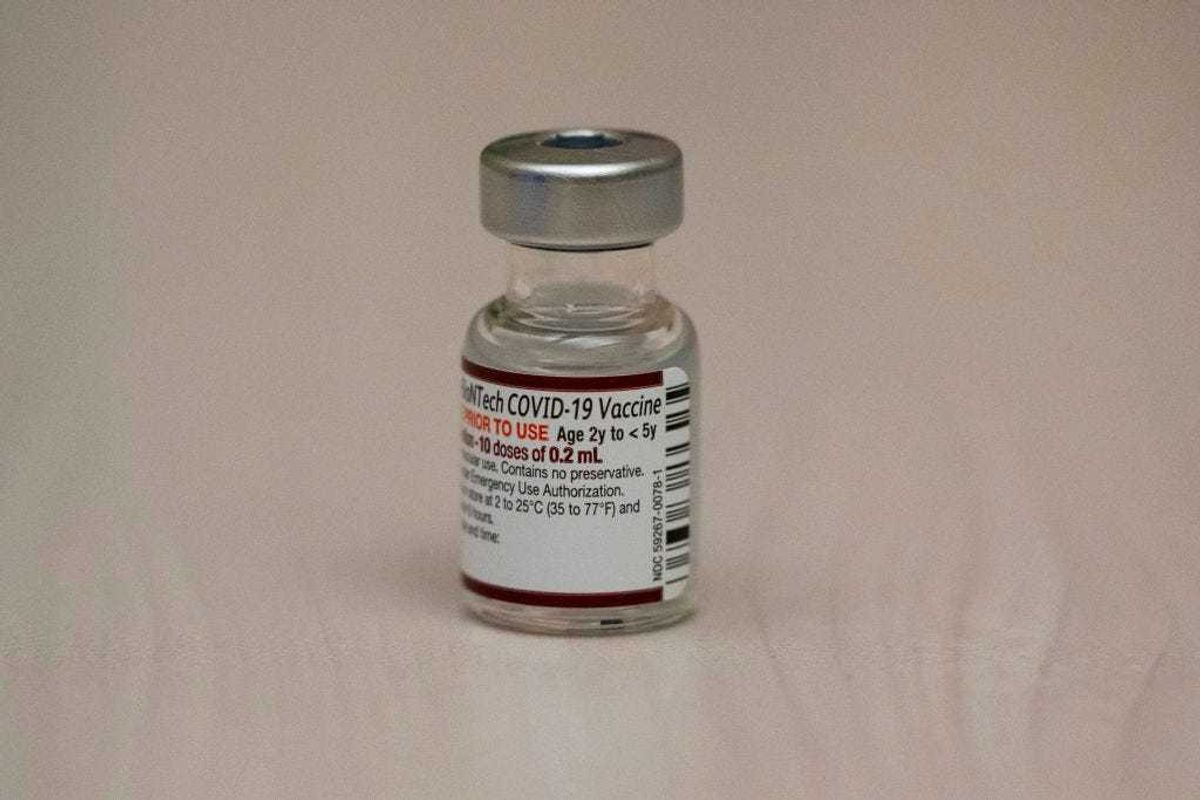 A vial of the Pfizer Covid-19 vaccine, labeled for ages 2 to 5 during research but still acceptable for children below age 2, is seen at UW Medical Center - Roosevelt on June 21, 2022 in Seattle, Washington.