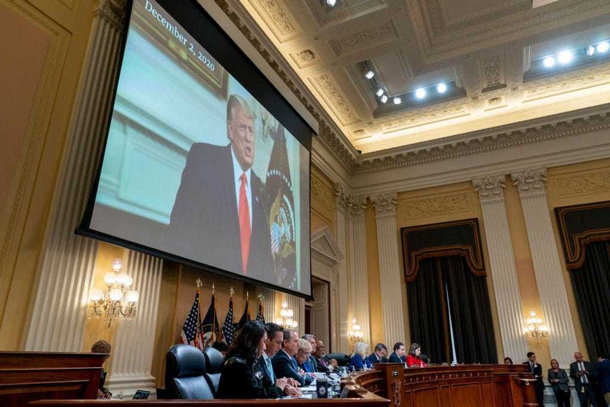 A video of former President Donald Trump is played during a House select committee hearing investigating the Jan. 6 attack on the U.S. Capitol in the Cannon House Office Building on October 13, 2022 in Washington, DC.