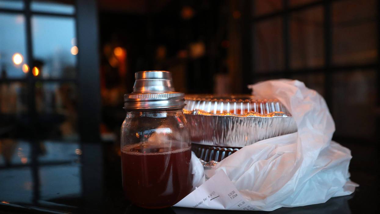 A view of a to-go dinner and cocktail at SpeakEasy Bar & Grill on May 09, 2020 in Newport, Rhode Island.