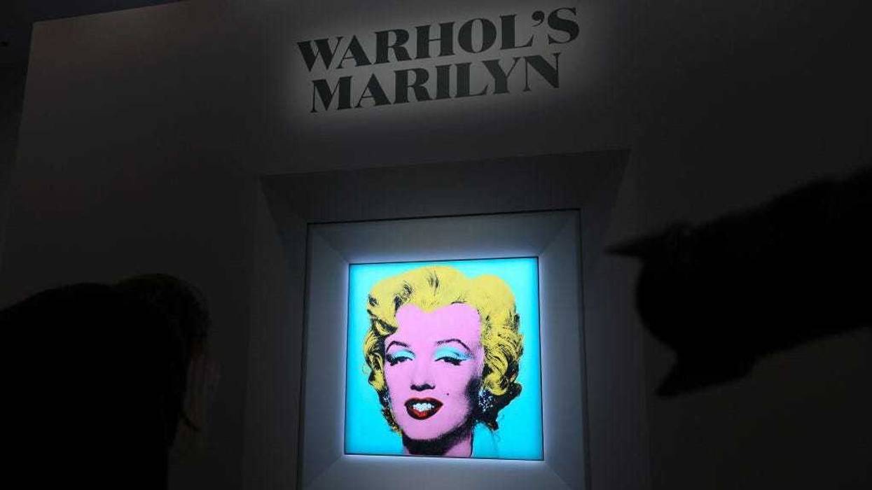 A view of atmosphere during Christie's announcement that they will offer Andy Warhol’s Shot Sage Blue Marilyn painting of Marilyn Monroe at Christie’s on March 21, 2022 in New York City.