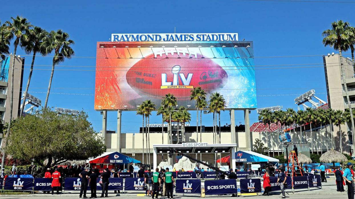 A view of signage on the stadium before Super Bowl LV between the Kansas City Chiefs and the Tampa Bay Buccaneers at Raymond James Stadium