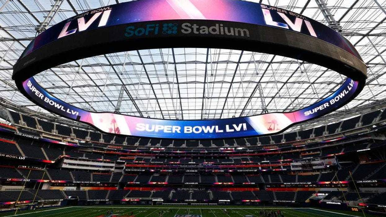 A view of SoFi Stadium as workers prepare for Super Bowl LVI on February 01, 2022 in Inglewood, California.