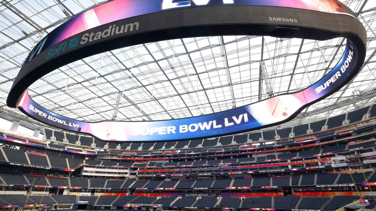 A view of SoFi Stadium as workers prepare for Super Bowl LVI on February 01, 2022, in Inglewood, California.