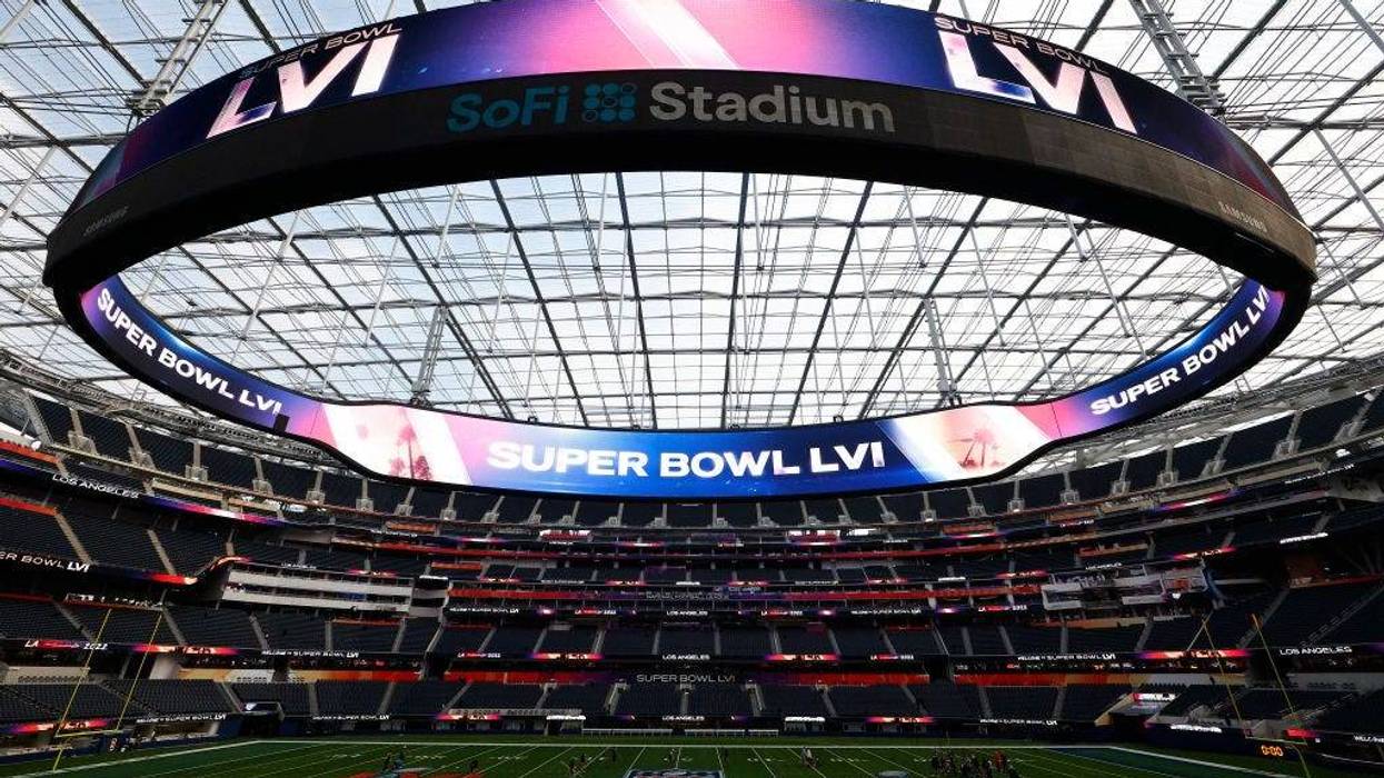 A view of SoFi Stadium as workers prepare for Super Bowl LVI on February 01, 2022 in Inglewood, California.
