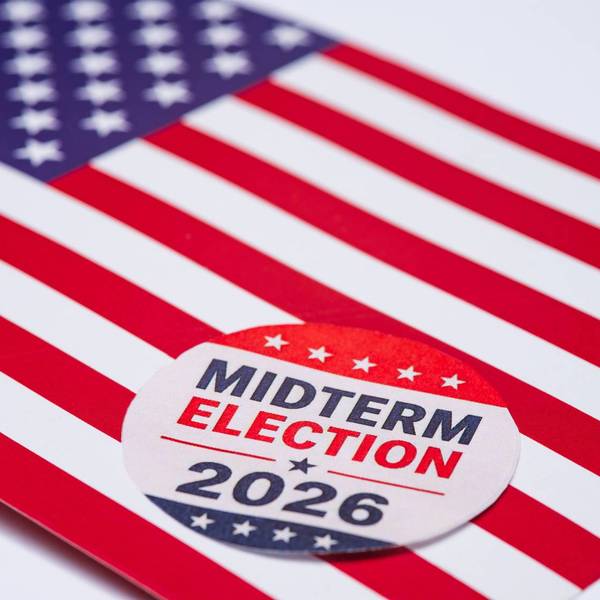 A View Of The American Flag With Midterm Elections Sticker , On A White Background