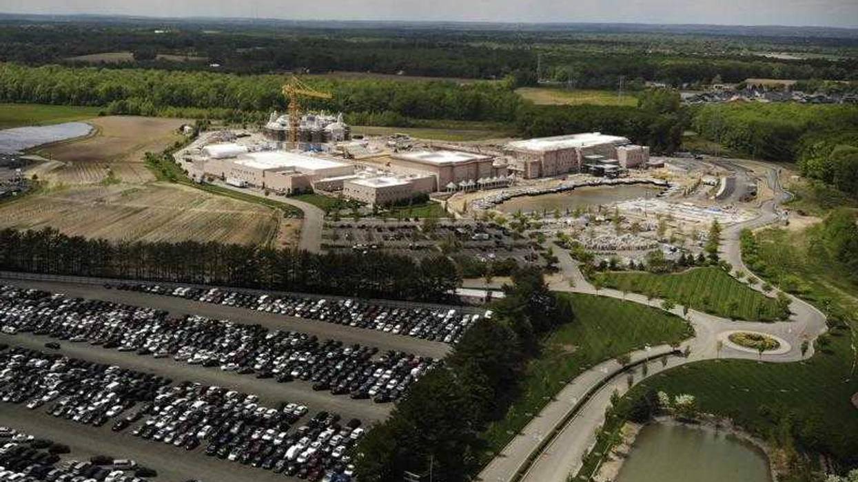 A view of the BAPS Shri Swaminarayan Mandir in Robbinsville Township, N.J., Tuesday, May 11, 2021. A lawsuit claims workers from marginalized communities in India were lured to New Jersey and forced to work more than 12 hours per day at slave wages to help build a Hindu temple.