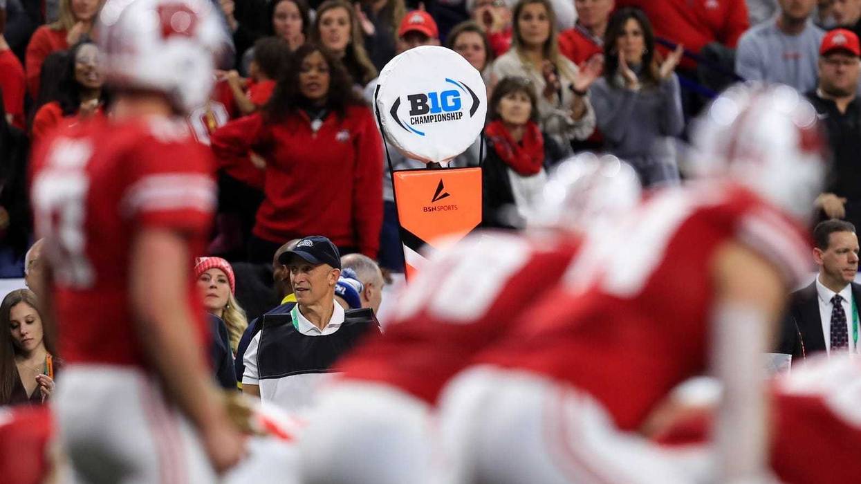 A view of the Big Ten logo on a sideline marker as the Wisconsin Badgers offense takes the field against the Ohio State Buckeyes defense during the first half in the 2019 Big Ten Championship Game at Lucas Oil Stadium.
