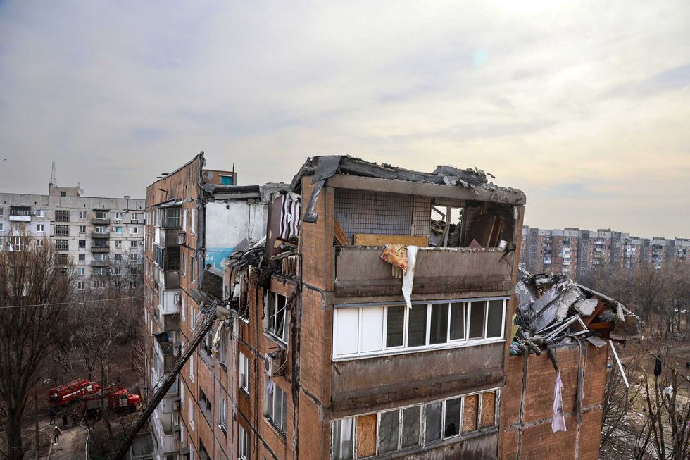 A view of the building damaged by the shelling in Donetsk, on the territory which is under the Government of the Donetsk People