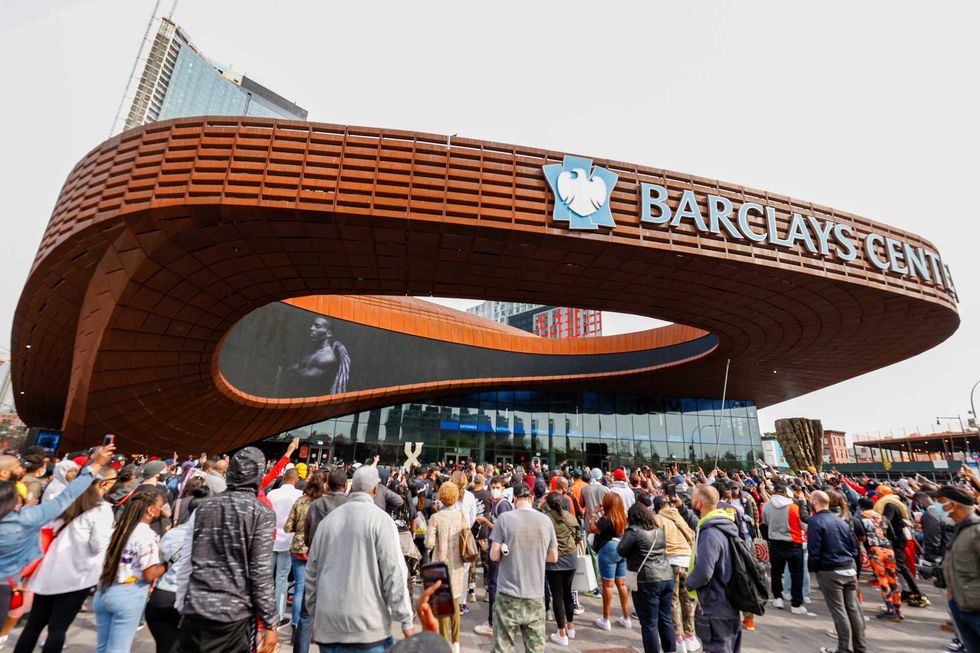 A view of the crowd outside during the Memorial Service Held For Rapper DMX at Barclays Center on April 24, 2021 in New York City.