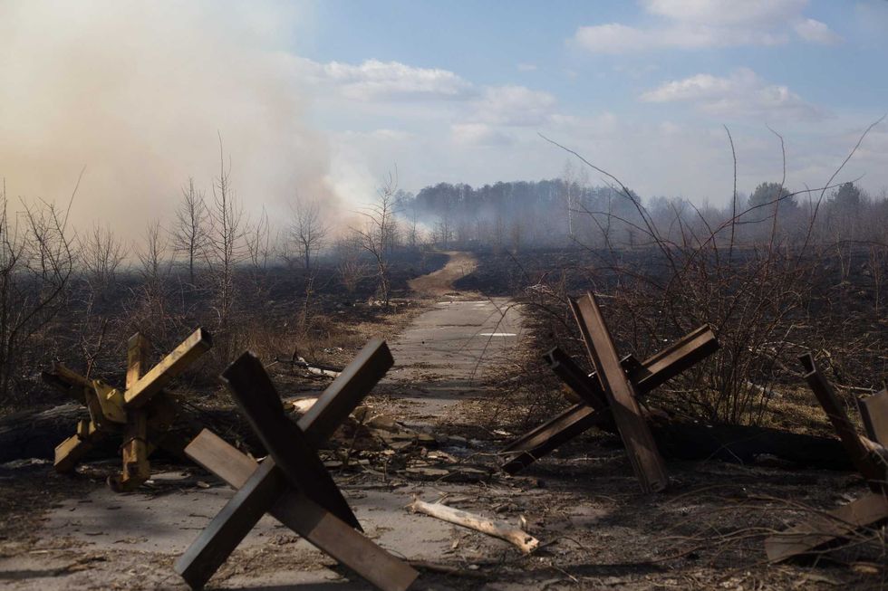 A view of the fire in the woods on March 27, 2022 in Byshiv, Ukraine