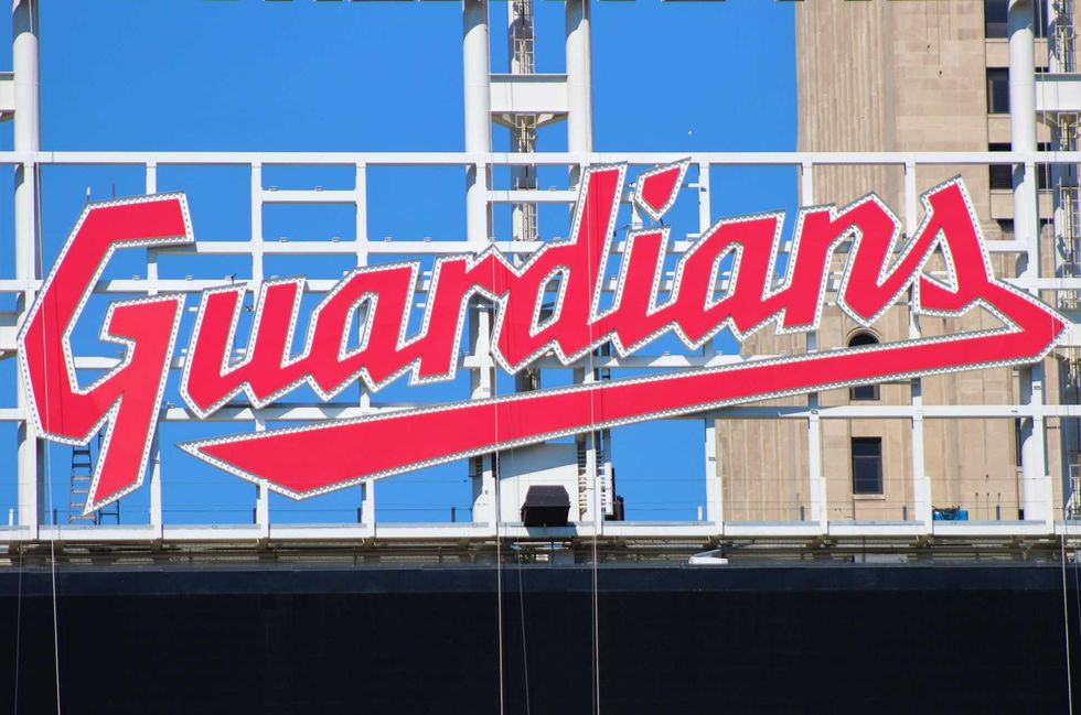A view of the newly completed Guardians sign above the scoreboard at Progressive Field.