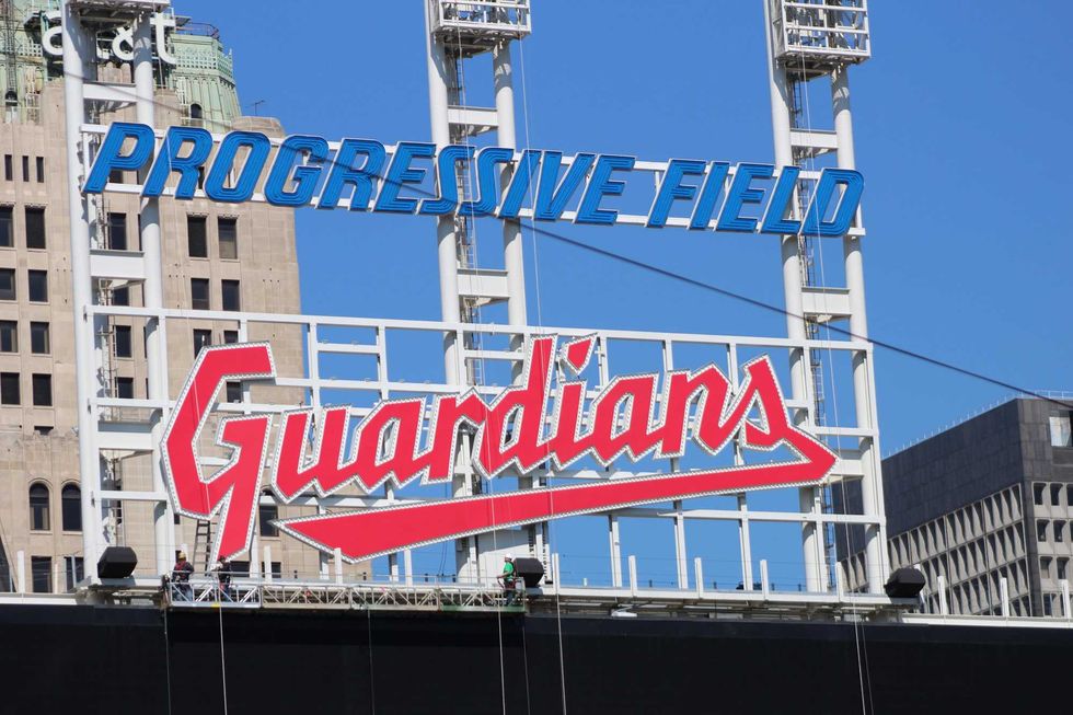 A view of the newly completed Guardians sign above the scoreboard at Progressive Field.