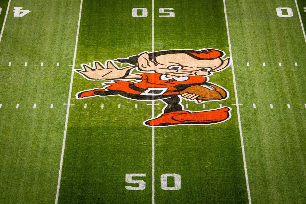 A view of the original Brownie logo used by the Cleveland Browns painted at midfield for the 2022 season at FirstEnergy Stadium.