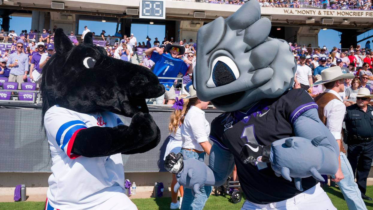 A view of the SMU Mustangs and TCU Horned Frogs mascots during the first half at Amon G. Carter Stadium.