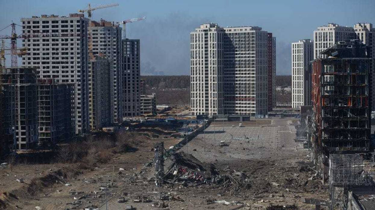 A view to the site of an explosion as a result of a missile strike into the shopping mall on March 21, 2022 in Kyiv, Ukraine.