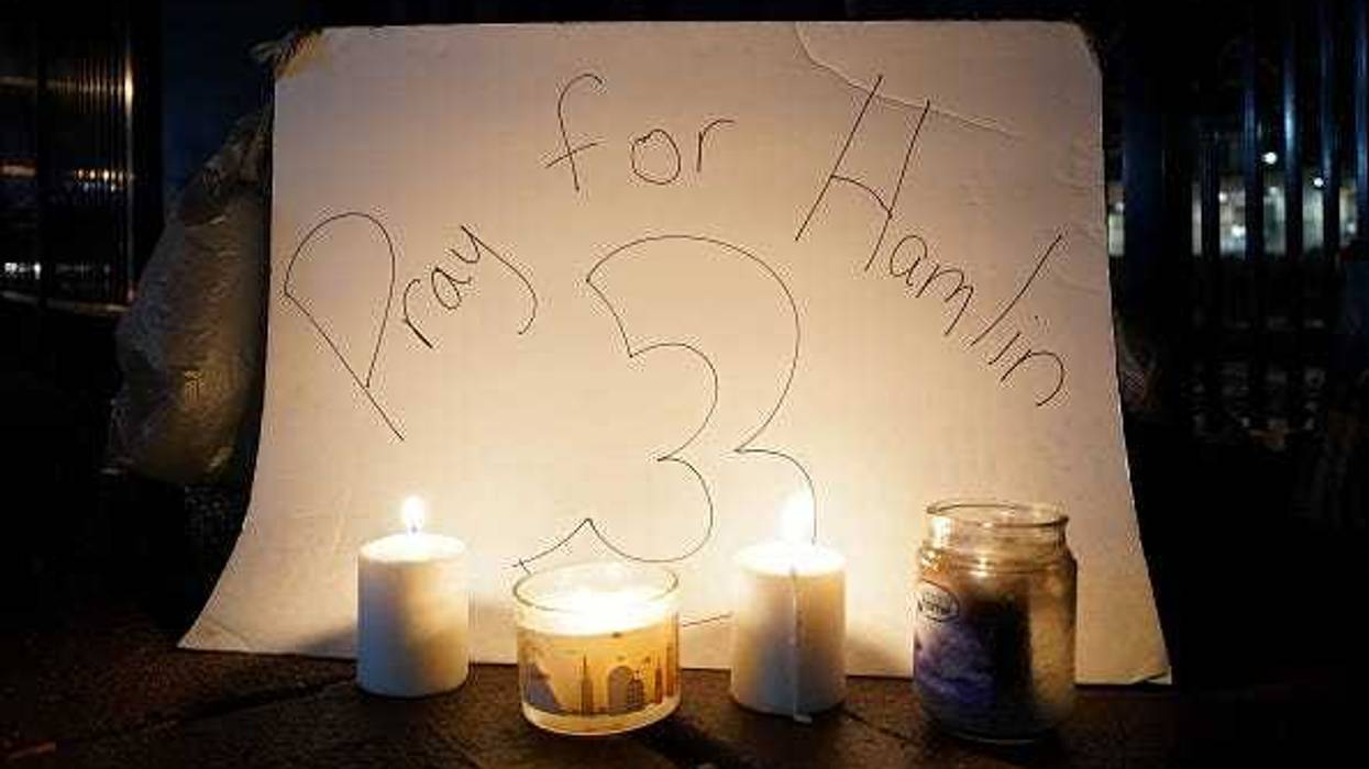 A vigil is displayed at the University of Cincinnati Medical Center for football player Damar Hamlin of the Buffalo Bills after he collapsed following a tackle during the game against the Cincinnati Bengals and was transported by ambulance to the hospital on January 03, 2023 in Cincinnati, Ohio.