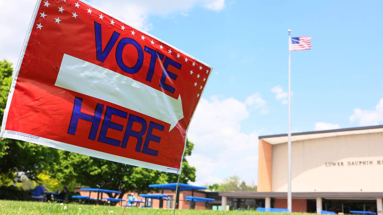 A vote sign is seen at Lower Dauphin High School on May 17, 2022, in Hummelstown, Pennsylvania.