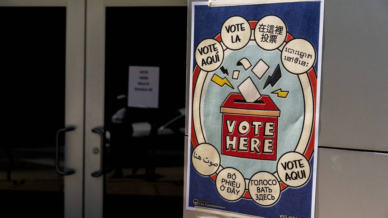 A voting location sign outside the Community College of Philadelphia on April 23, 2024.