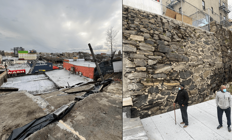 A wall collapsed behind the Yorky Clean Car shop on Carter Avenue in the Bronx. The photo on the right shows the wall prior to the collapse
