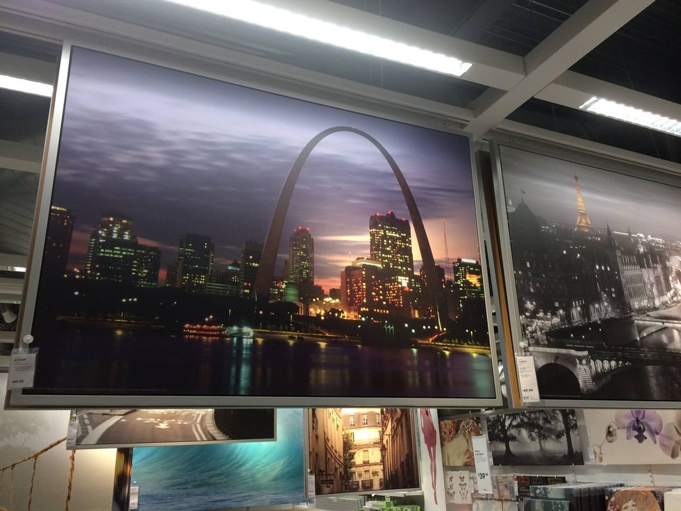 A wall decoration depicting the St. Louis skyline on display at IKEA