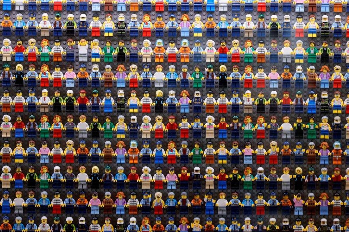 A wall of LEGO minifigures (detail) is encased inside the lobby of the LEGOLAND New York Hotel during its grand opening at the LEGOLAND Resort on August 06, 2021 in Goshen, New York
