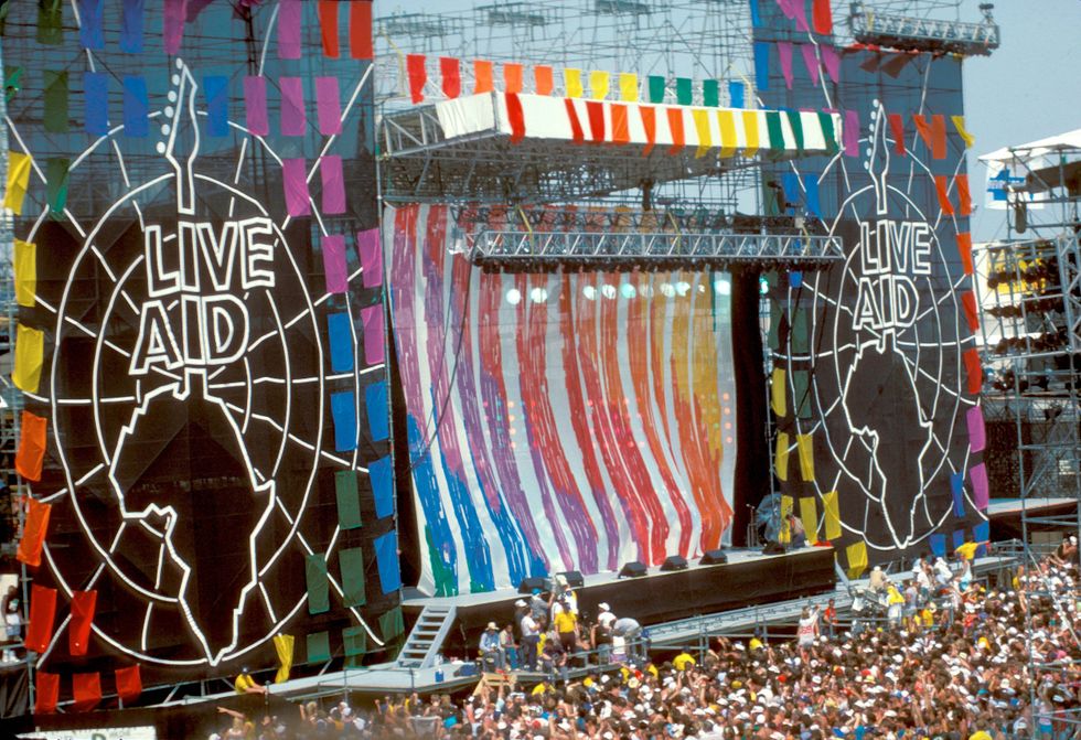 A wide-angle view shows the entire Live Aid stage set-up in Philadelphia, Pennsylvania, on July 13, 1985.