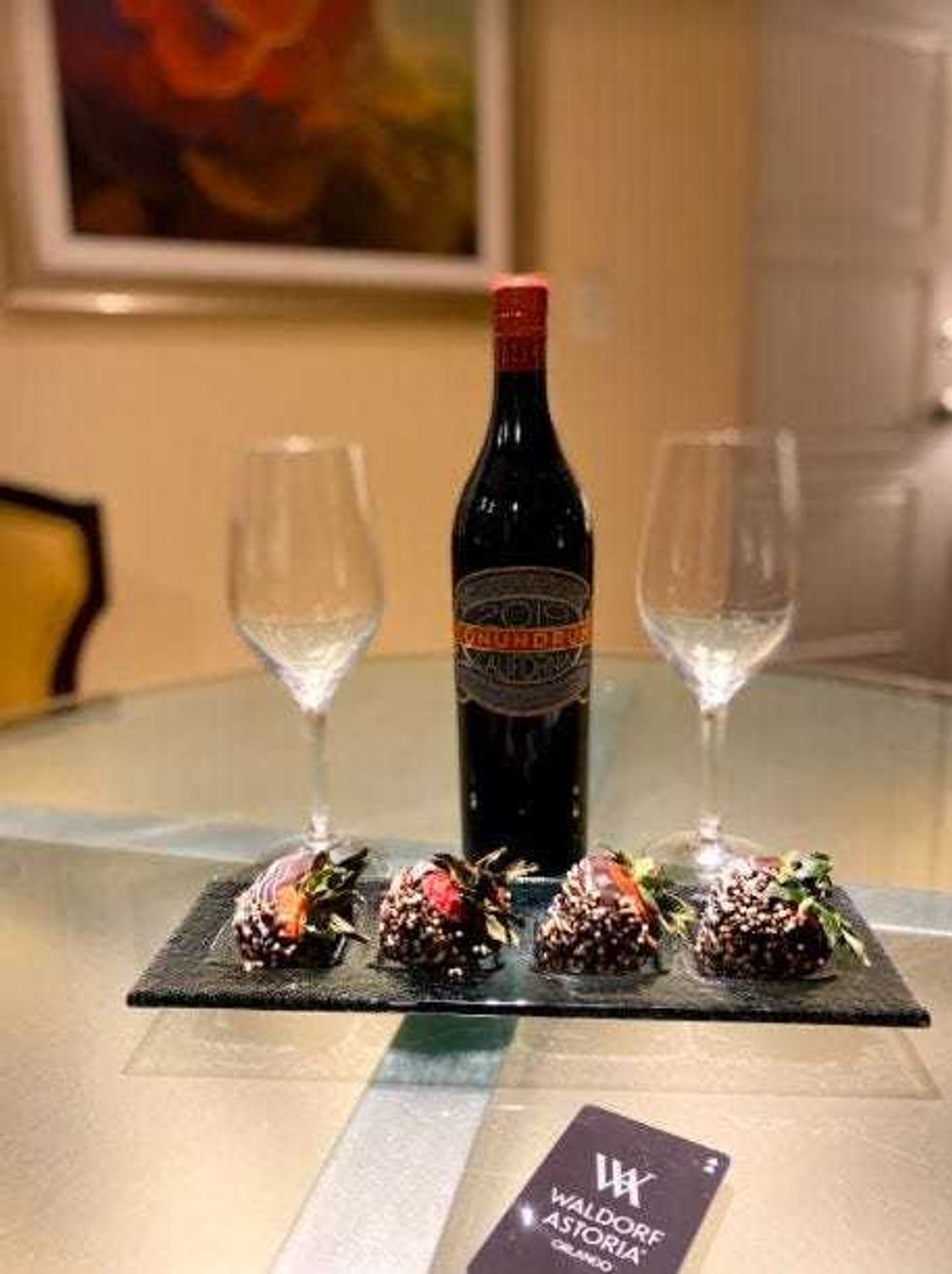 A wonderful surprise from the gracious staff of the Waldorf Astoria Orlando and sweet treat to end our night! This included chocolate covered strawberries and a red blend bottle of wine.